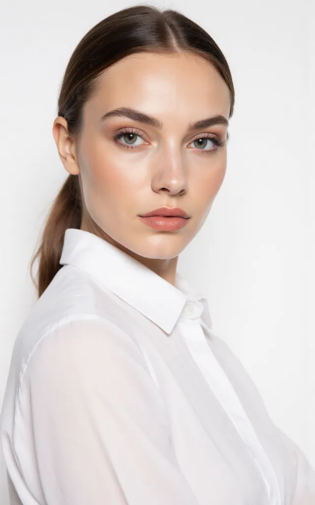 A French female model with a Prom makeup style, wearing a shirt, against a white background, in a front   facing bust portrait